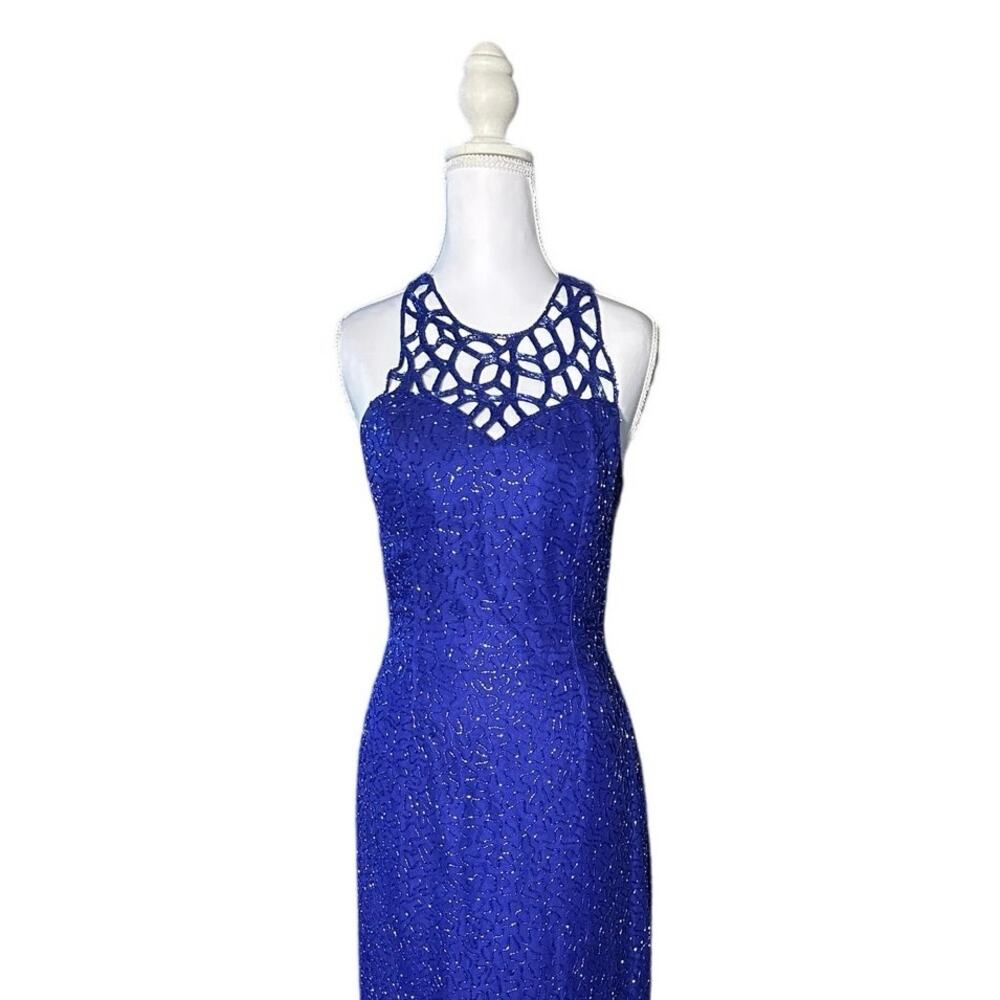 Vintage Scala Beaded Halter Keyhole Geometric Purplish Blue 0 Maxi Formal Dress